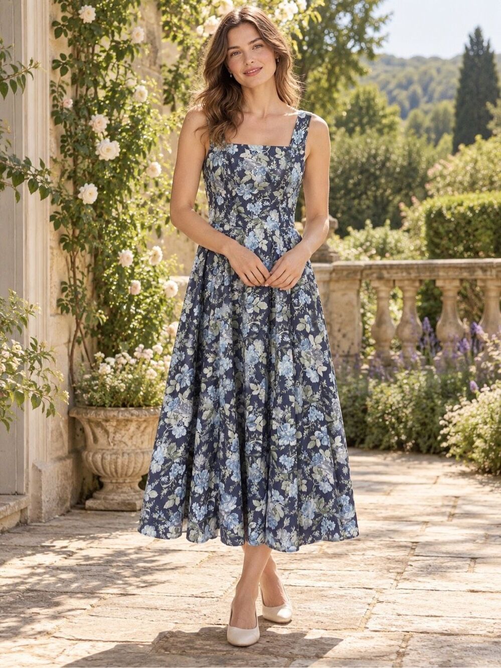 Laura Ashley Blue Floral Cotton Midi Dress Square Neck US 10 Made in GB